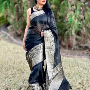Triveni zari | Linen banarasi silk saree | Black