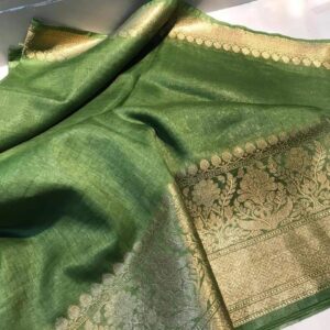Triveni zari | Linen banarasi silk saree | Green