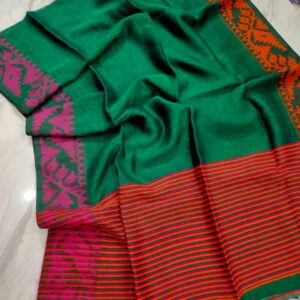 Shonali | Traditional karat pattern lilen saree | vibrant green