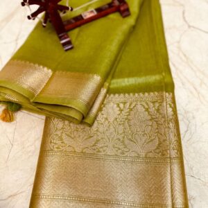 Triveni zari | Linen banarasi silk saree |  Mehandi color