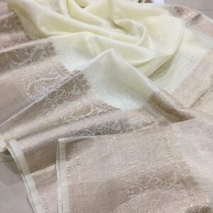 Triveni zari | Linen banarasi silk saree | Off white
