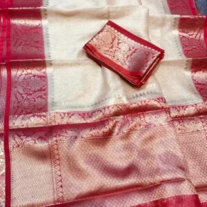 MAYA | Pure silk linen banarasi saree | Off white and red