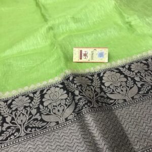 MAYA | Pure silk linen banarasi saree | Parrot green and black