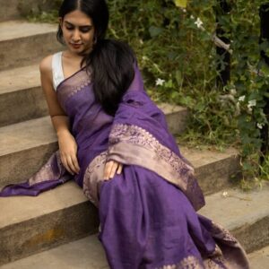 Triveni zari | Linen banarasi silk saree |  Purple