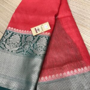 MAYA | Pure silk linen banarasi saree | Red and green