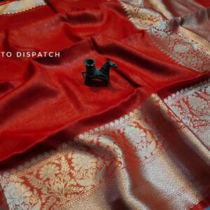 Triveni zari | Linen banarasi silk saree |  Red deep