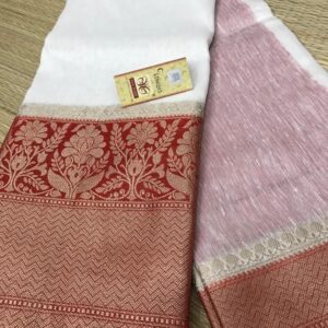MAYA | Pure silk linen banarasi saree | White and red