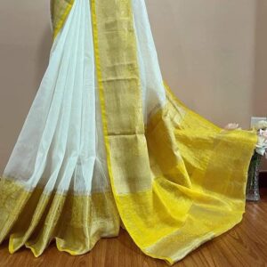 MAYA | Pure silk linen banarasi saree | White and yellow