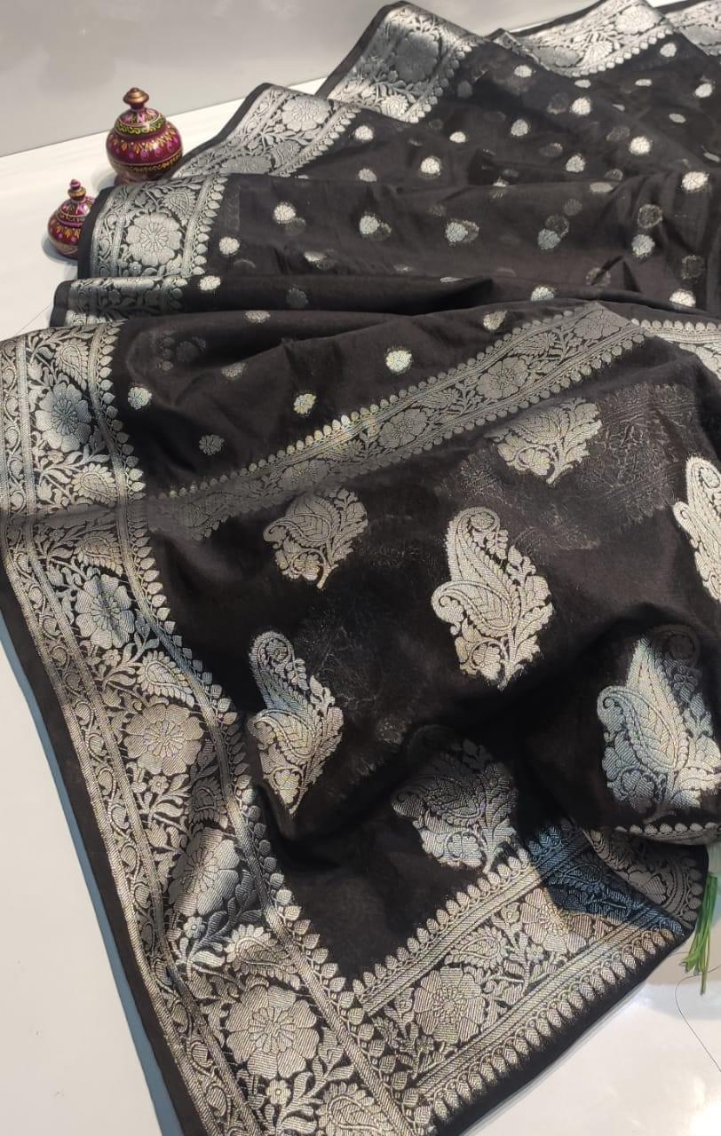 Meera | Semi Gergote Banarsi Bota Design Saree | Black - Image 3