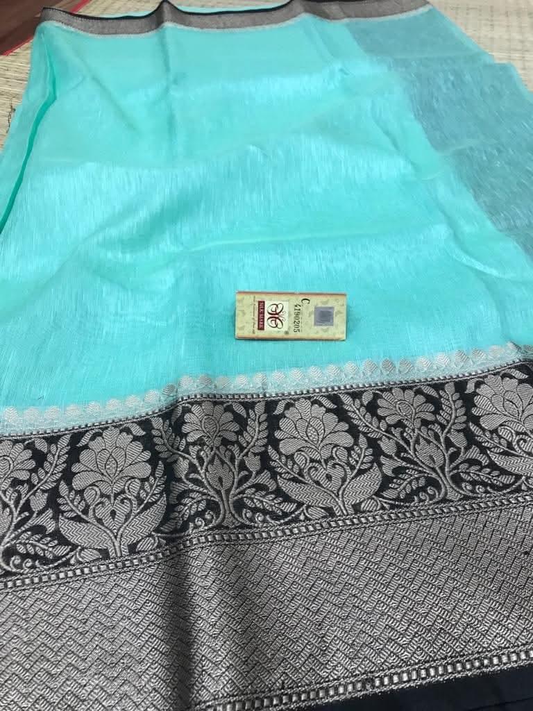 MAYA | Pure silk linen banarasi saree | Firoji and black